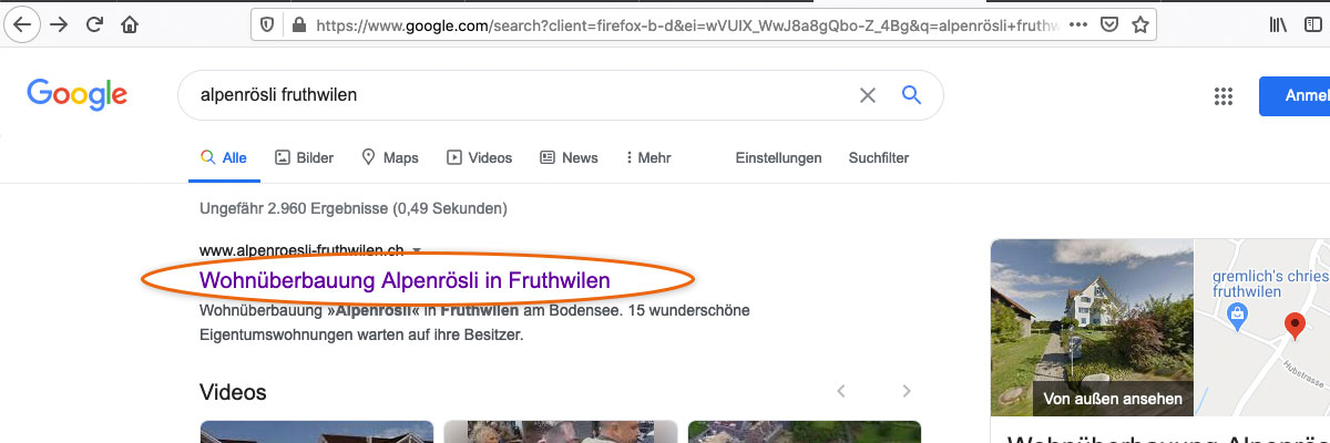 Suchergebnis in Google bei richtiger Bezeichnung des Home-Buttons